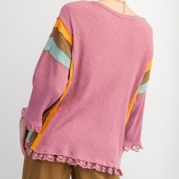 NWT Easel Color Block Rib Knit Top With Lace Bottom Hem In Lipstick Pink Plus & - Picture 4 of 5
